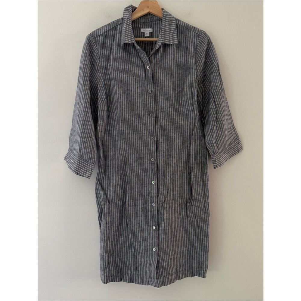J Jill Love Linen Striped Shirt Dress Navy White Shift Size Small Coastal